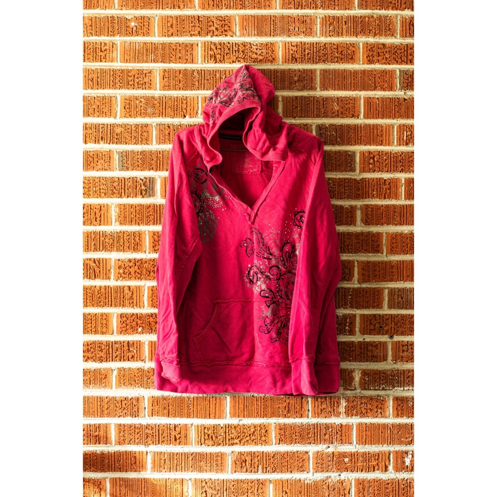 Vintage Murices Pink Floral V-Neck Hoodie Pullover Size XL Y2K McBling Grunge